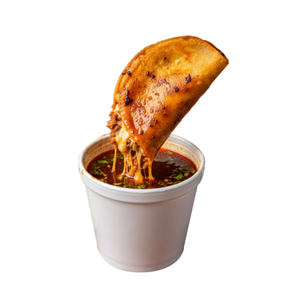 Quesabirria taco being dipped into a cup of birria consomme
