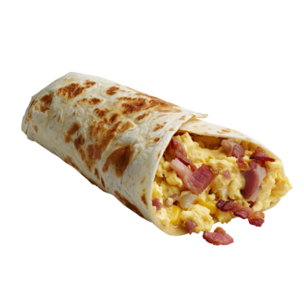 Breakfast burrito with scrambled eggs, bacon and cheese