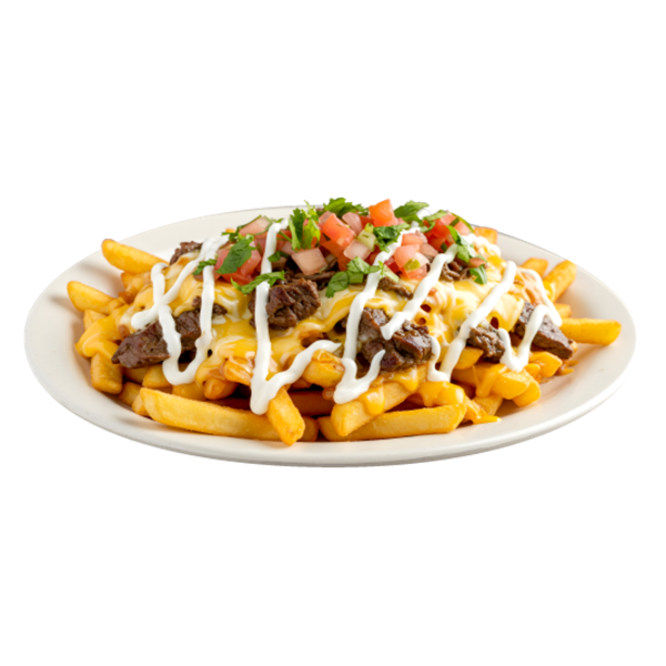 Carne asada fries topped with crema, pico de gallo and cilantro