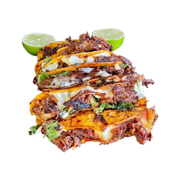 Stacked quesabirria tacos with melted cheese and lime