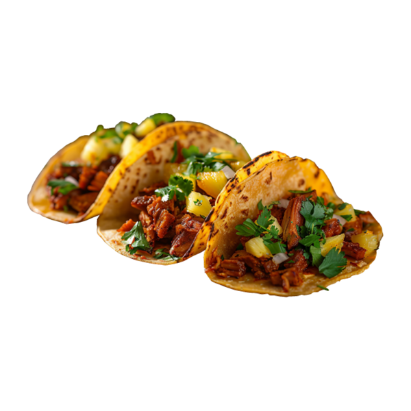Al pastor tacos with cilantro, onion and pineapple