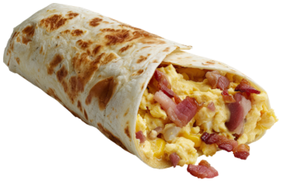 Breakfast burrito with scrambled eggs, bacon and cheese