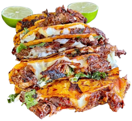 Stacked quesabirria tacos with melted cheese and lime