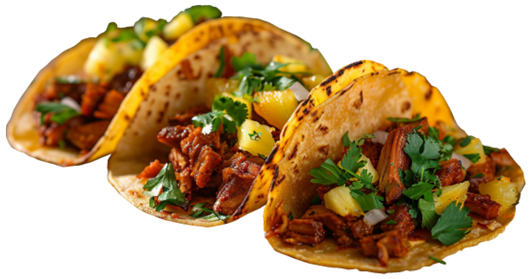 Al pastor tacos with cilantro, onion and pineapple