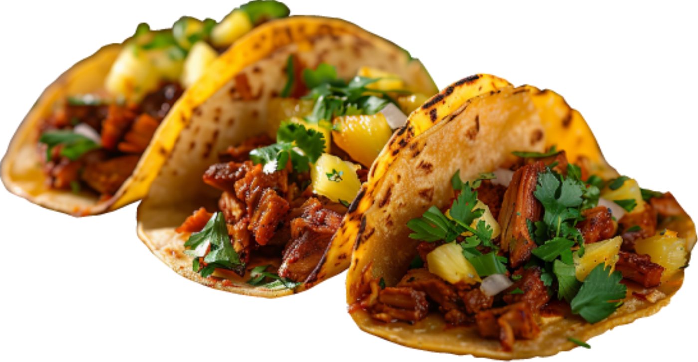 Three al pastor tacos with cilantro, onion and pineapple from Tacos Doña Tula